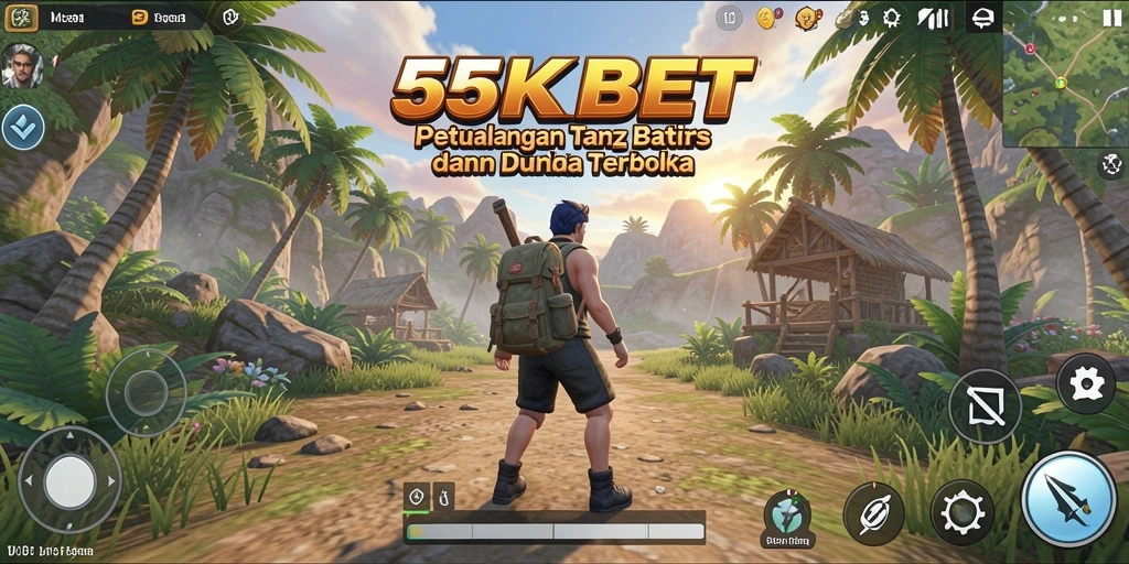 Screenshot gameplay 55KBET menampilkan petualangan di dunia terbuka yang luas.