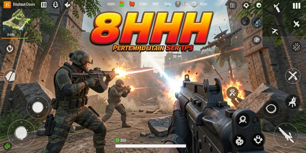 Screenshot gameplay seru dari 8HHH yang menampilkan aksi pertempuran.