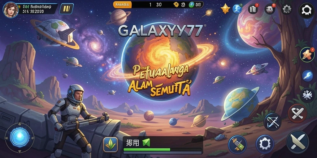 Screenshot gameplay GALAXY77 yang menampilkan petualangan di galaksi.