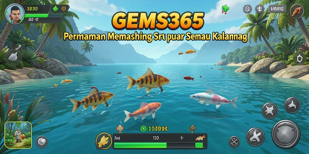 Tampilan gameplay GEMS365 dengan pemandangan memancing yang indah.