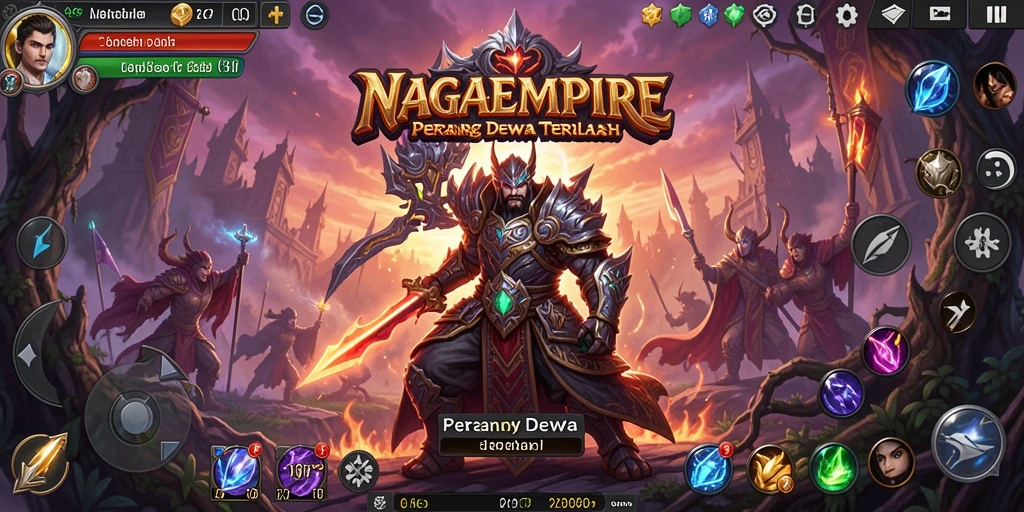 Gameplay NAGAEMPIRE menunjukkan pertarungan epik antara dewa-dewa.