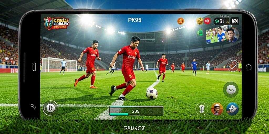 Tangkapan layar dari gameplay PK95 yang menegangkan di lapangan sepak bola.