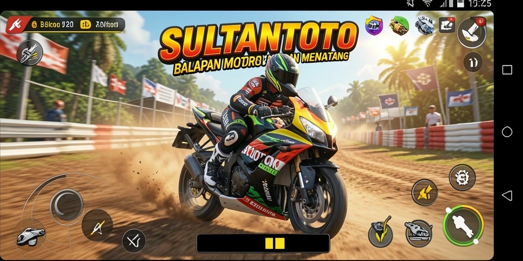 Screenshot gameplay SULTANTOTO menampilkan aksi balapan motor yang mendebarkan.