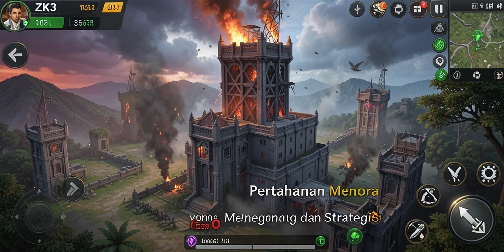 Screenshot gameplay menonjolkan serangan menara di ZK3.